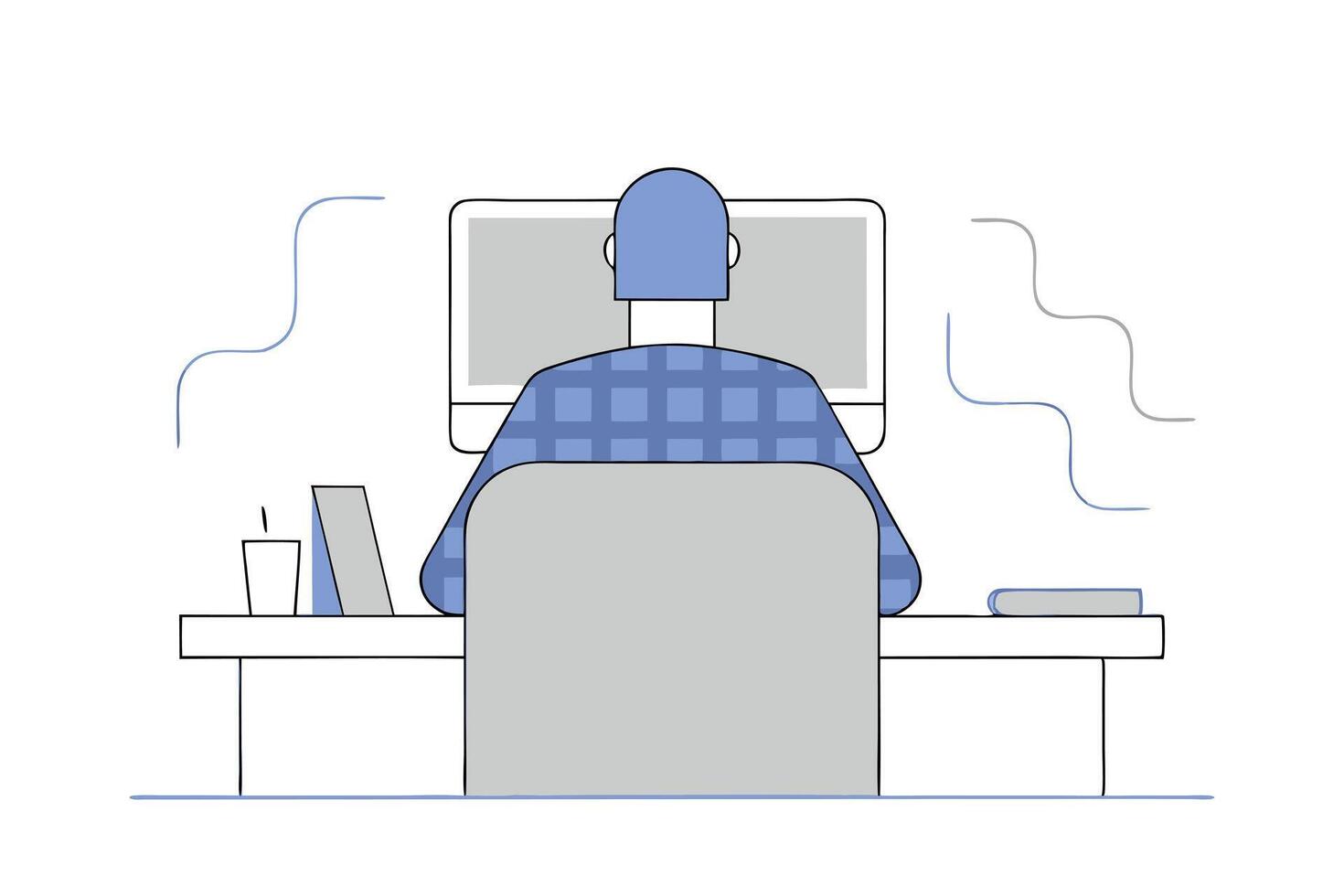 Young Adult at Computer Back View with blue plaid shirt and light blue cap on vector
