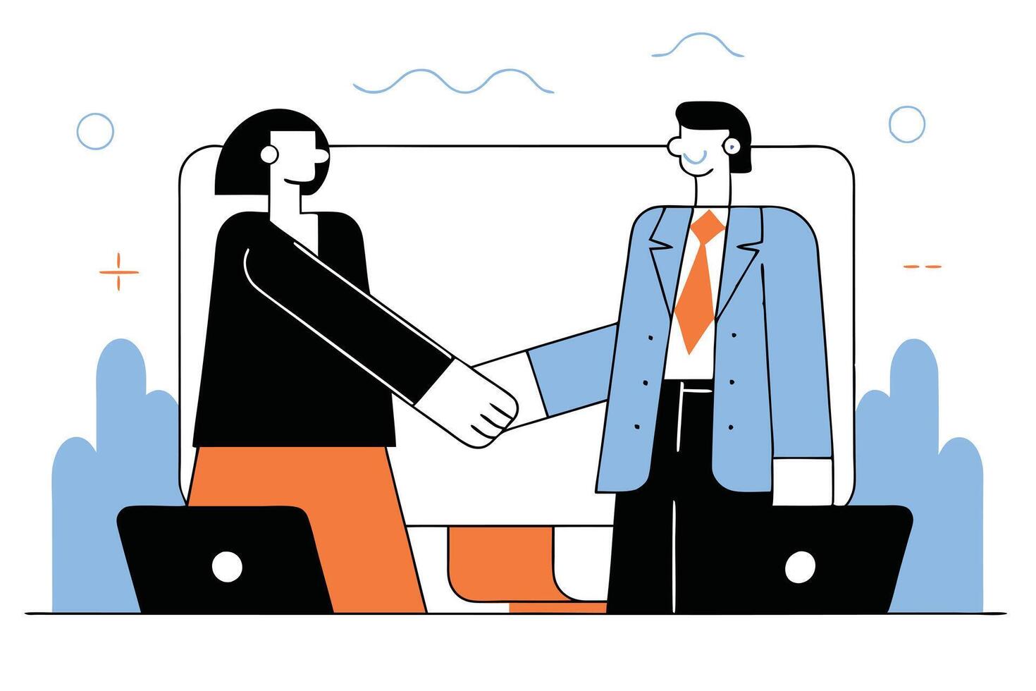 Outlined Business People Shaking Hands Over Laptops on White Background vector