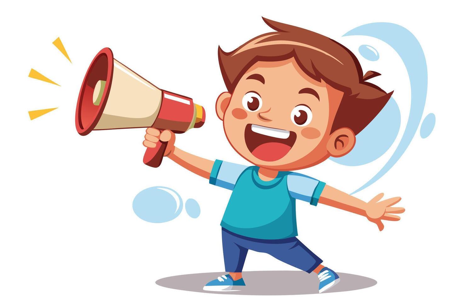 Cartoon Boy with Megaphone, Speech Bubble on White Background, Communication Concept vector