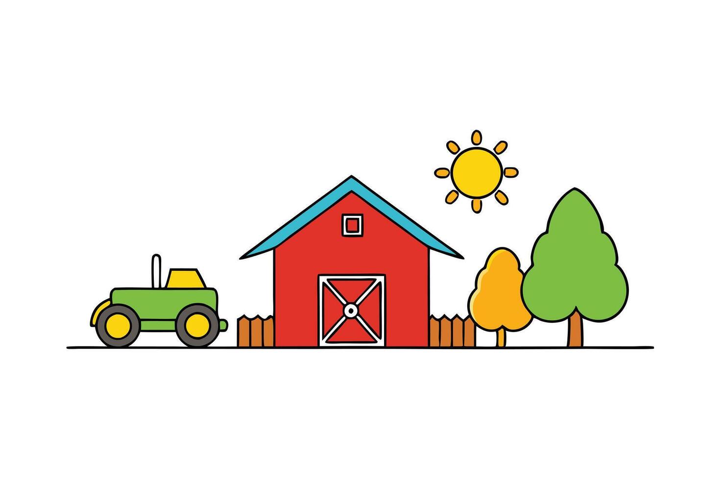 Cartoon Farm Landscape with Barn, Tractor, Trees and Sun on White Background vector