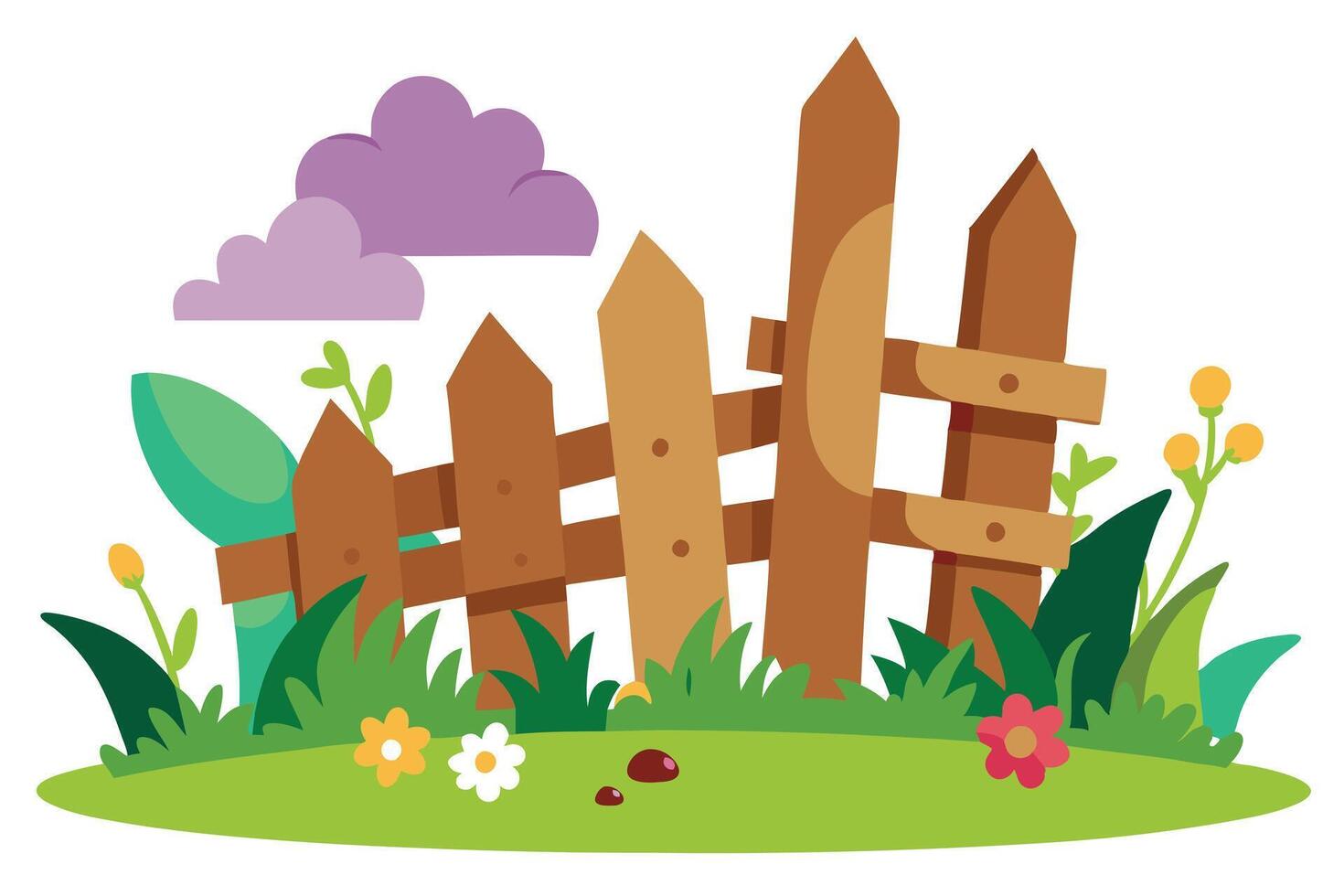 Whimsical Fence Cartoon With Grass, Flowers, Clouds and Garden Plot Element vector