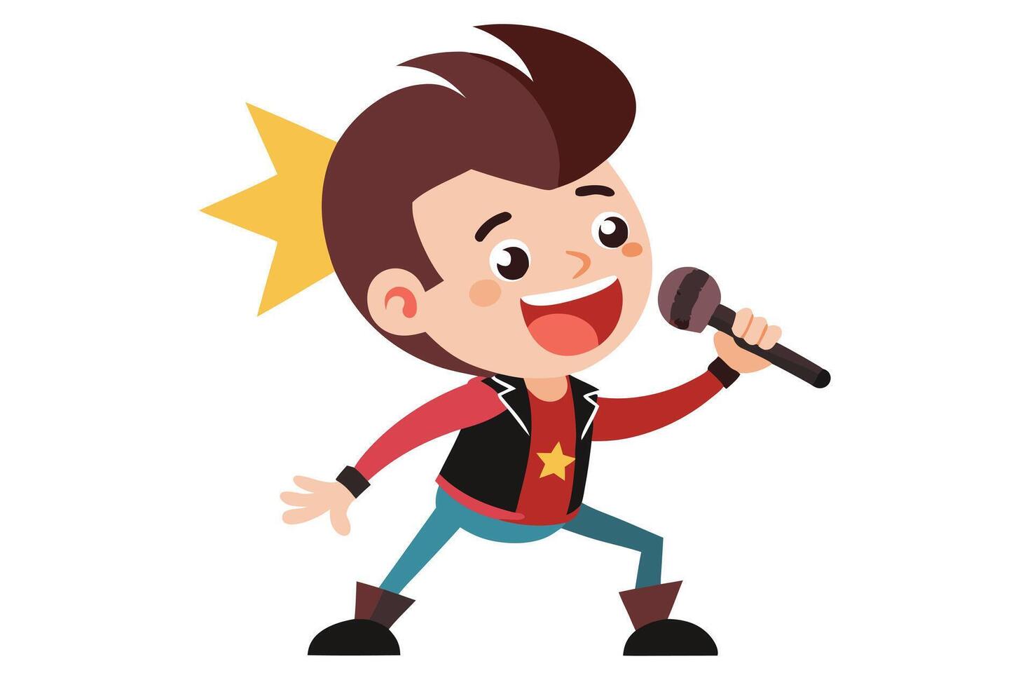 Cartoon Singer Boy with Microphone in Rock Star Outfit and Yellow Star Crown vector