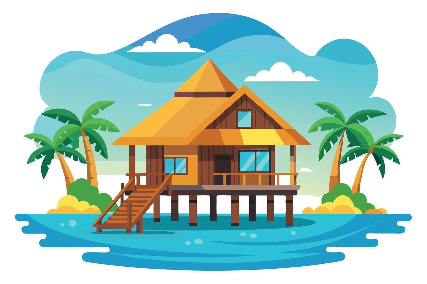 Tropical Stilt House Illustration, Palm Trees, Ocean, Beach Resort Flat Design vector