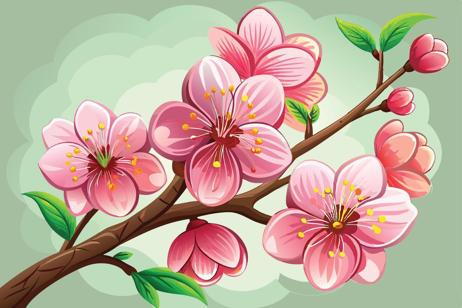 Blooming Cherry Blossom Branch with Pink Flowers and Green Leaves on Light Green vector