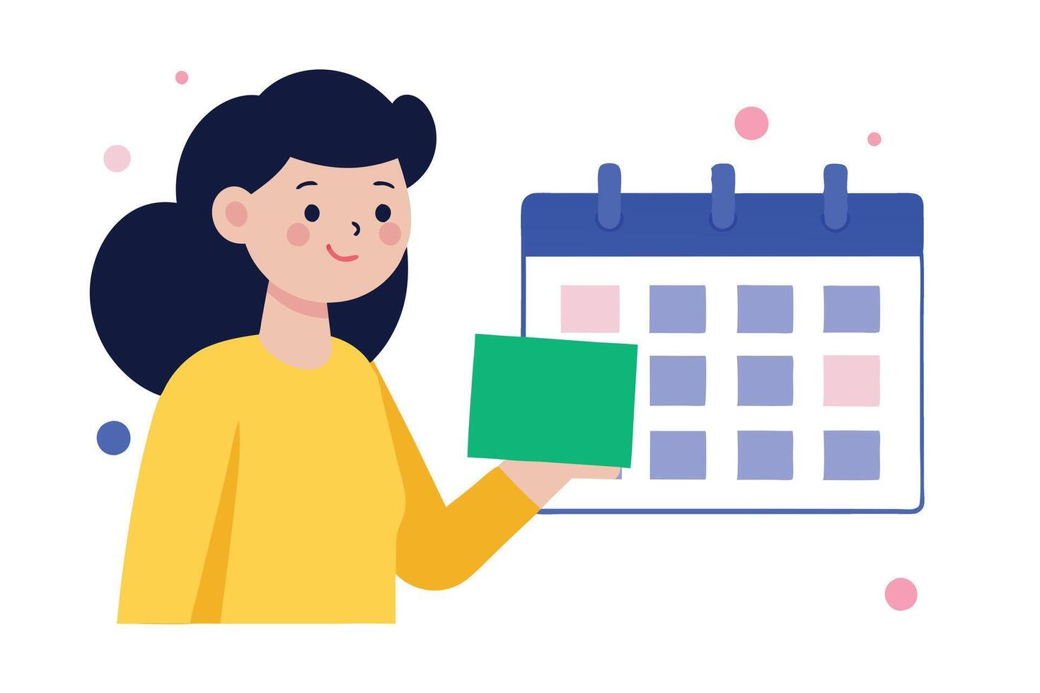 Cute Cartoon Woman With Calendar and Green Sticky Note On White Background vector