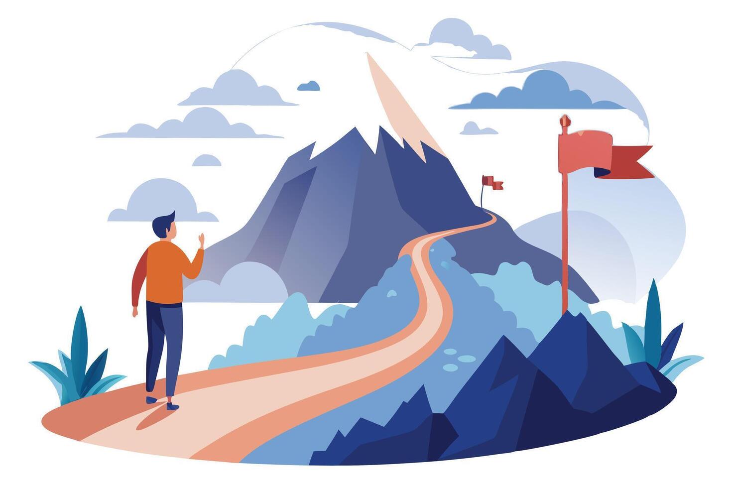 Man on Path to Mountain Peak with Flag in Blue Palette on a White Background vector
