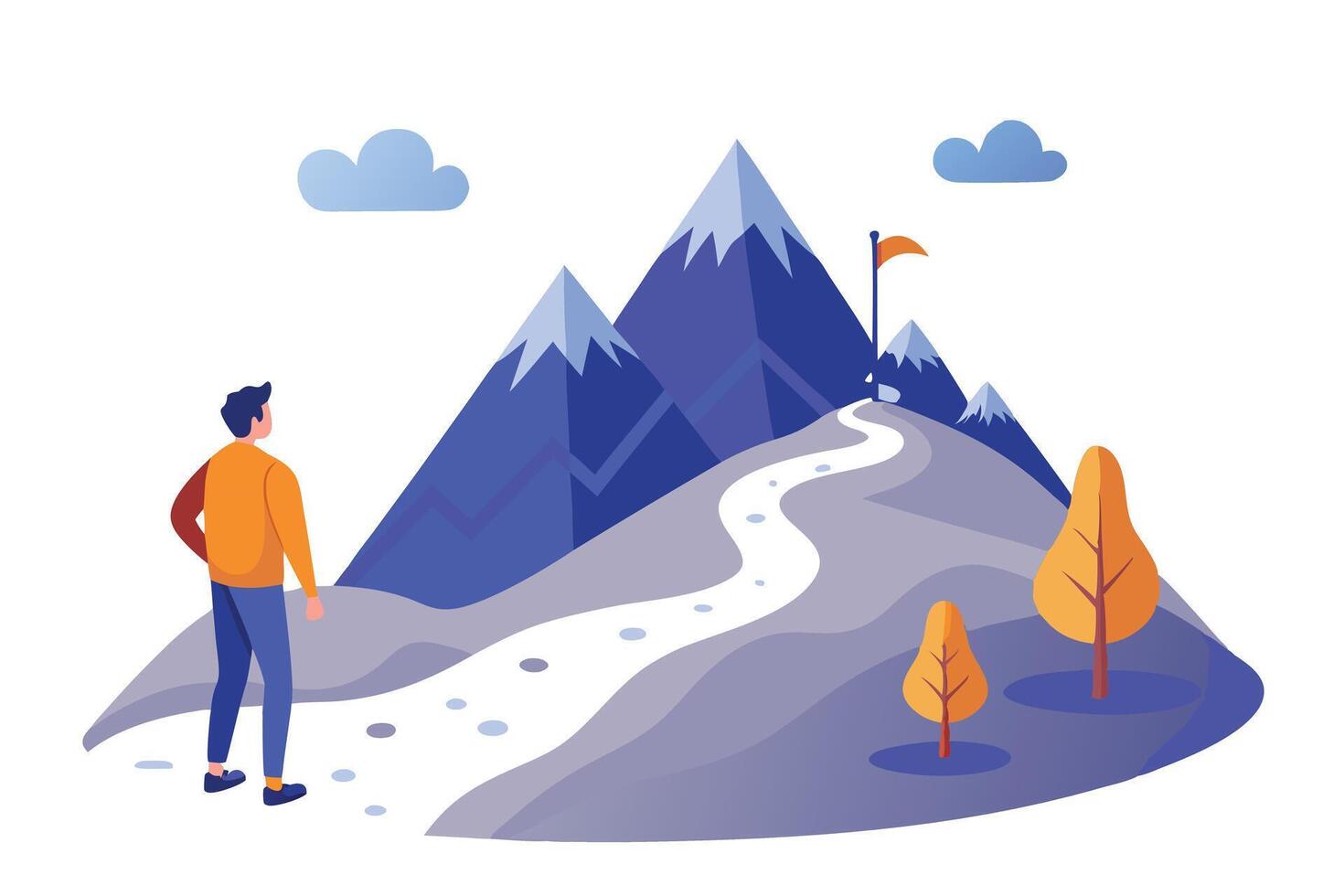 Cartoon Man Facing Mountain Peak with Winding Path, Trees, Blue Clouds on White Background vector