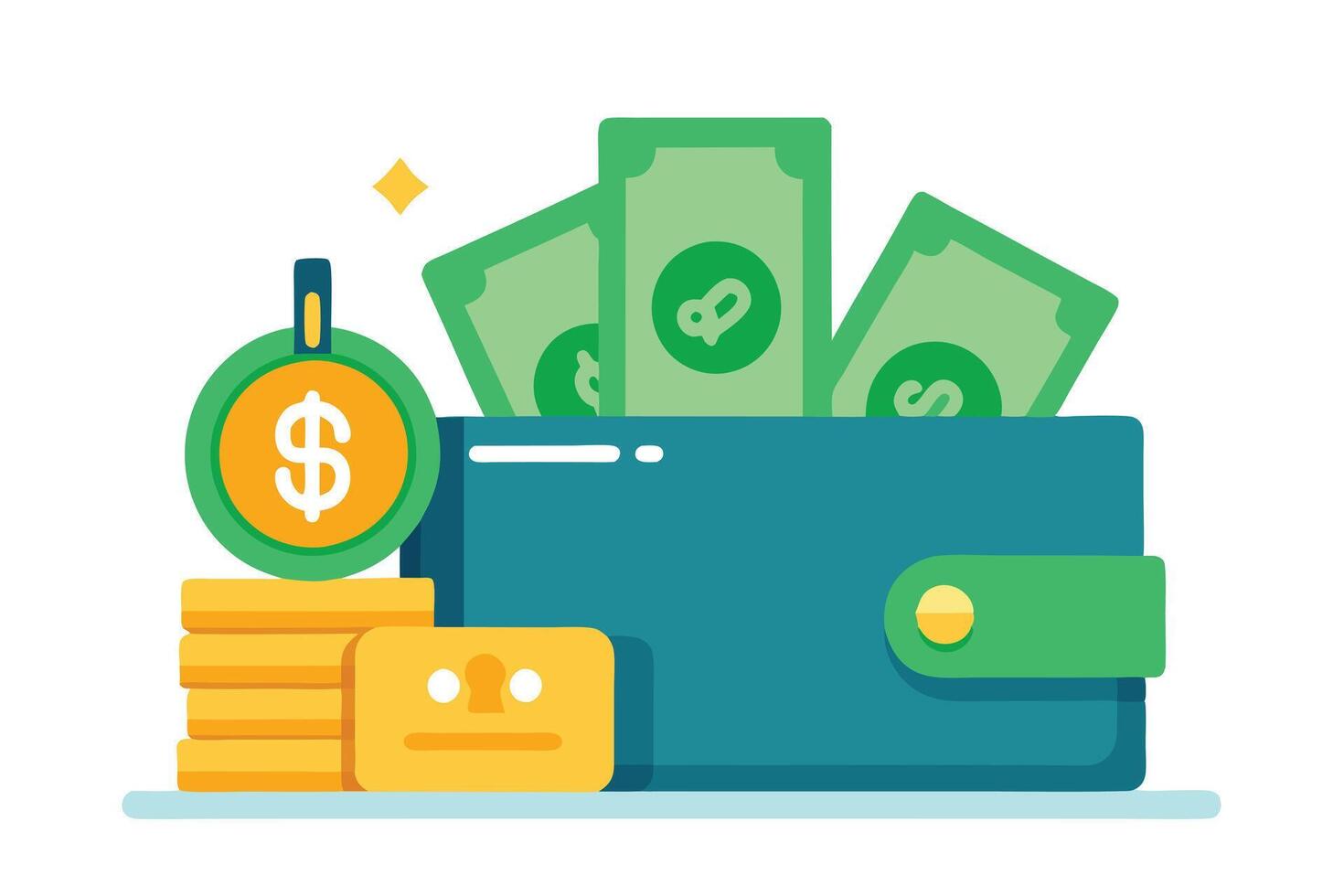 Wallet with Cash, Credit Card, and Coins Flat Art Design, on white Background vector