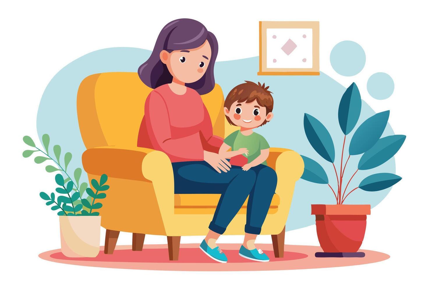 Woman Relaxing on Armchair with a Little Boy in her lap, Indoor Plants and Wall Art vector