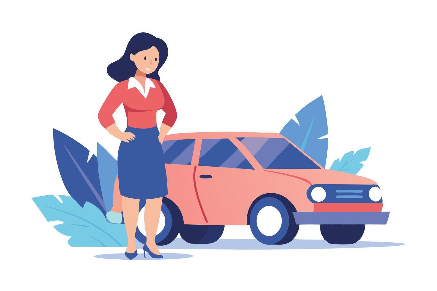 Cartoon Woman Leaning on Peach Car with Blue Foliage on White Background vector