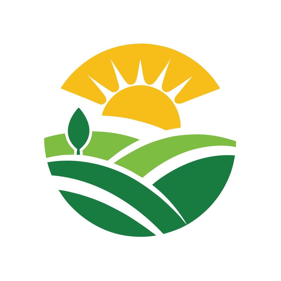 Green Farm Landscape and Yellow Sun, Minimalist Style with White Background vector