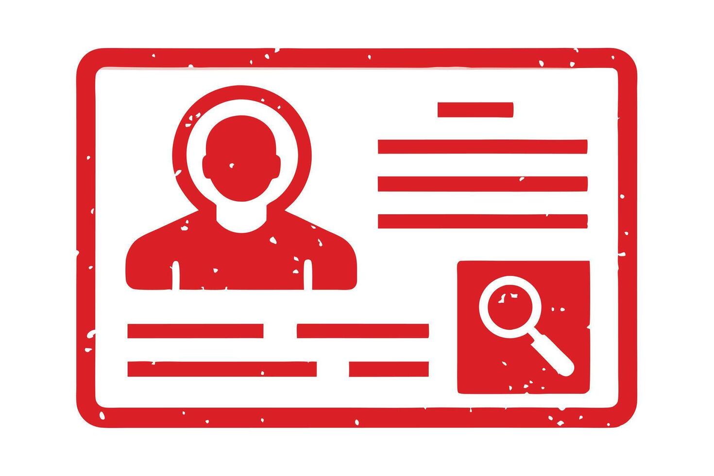Red Distressed ID Card Icon with Profile Silhouette and Magnifying Glass vector