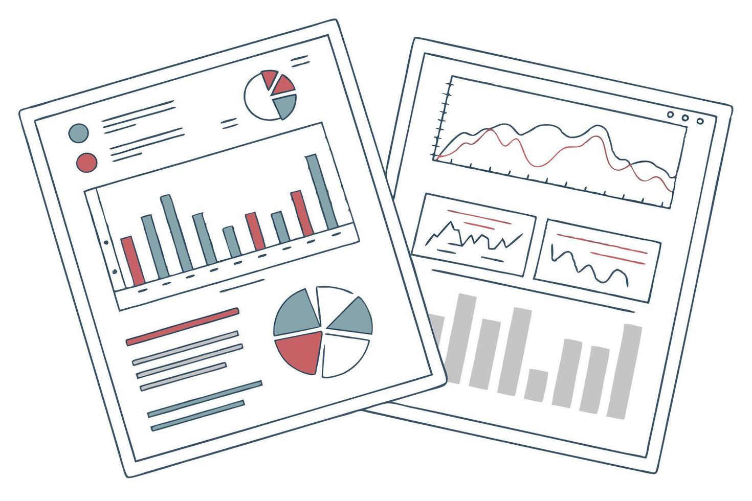 Financial Reports with Bar Graphs and Pie Charts on White Isolated Background vector