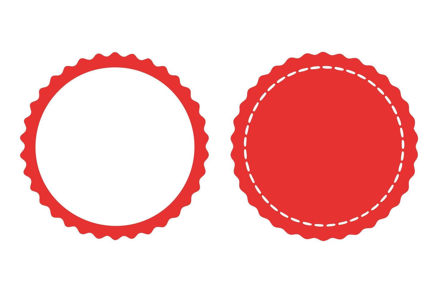 Set of Two Red Badges on White Background, Scalloped Edge, Dashed Line Detail vector