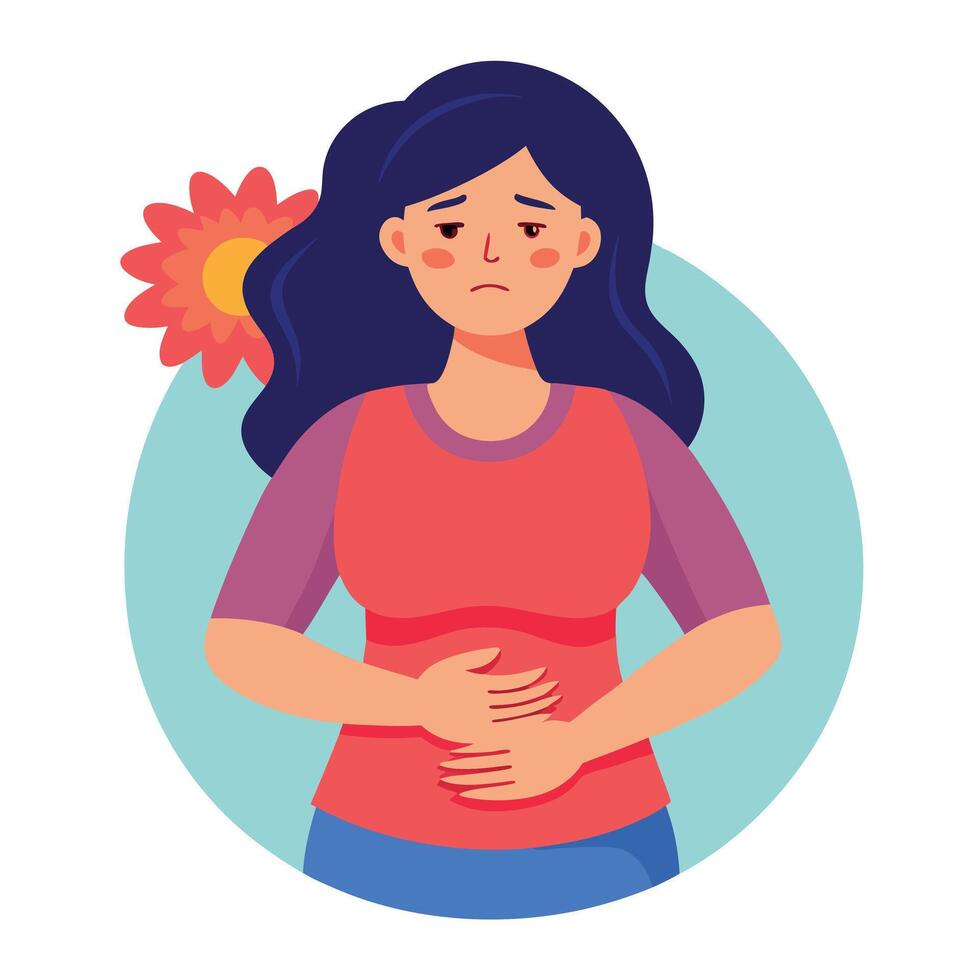 Sick Brunette Woman Holding Stomach with Flower, Aching Expression on Face vector