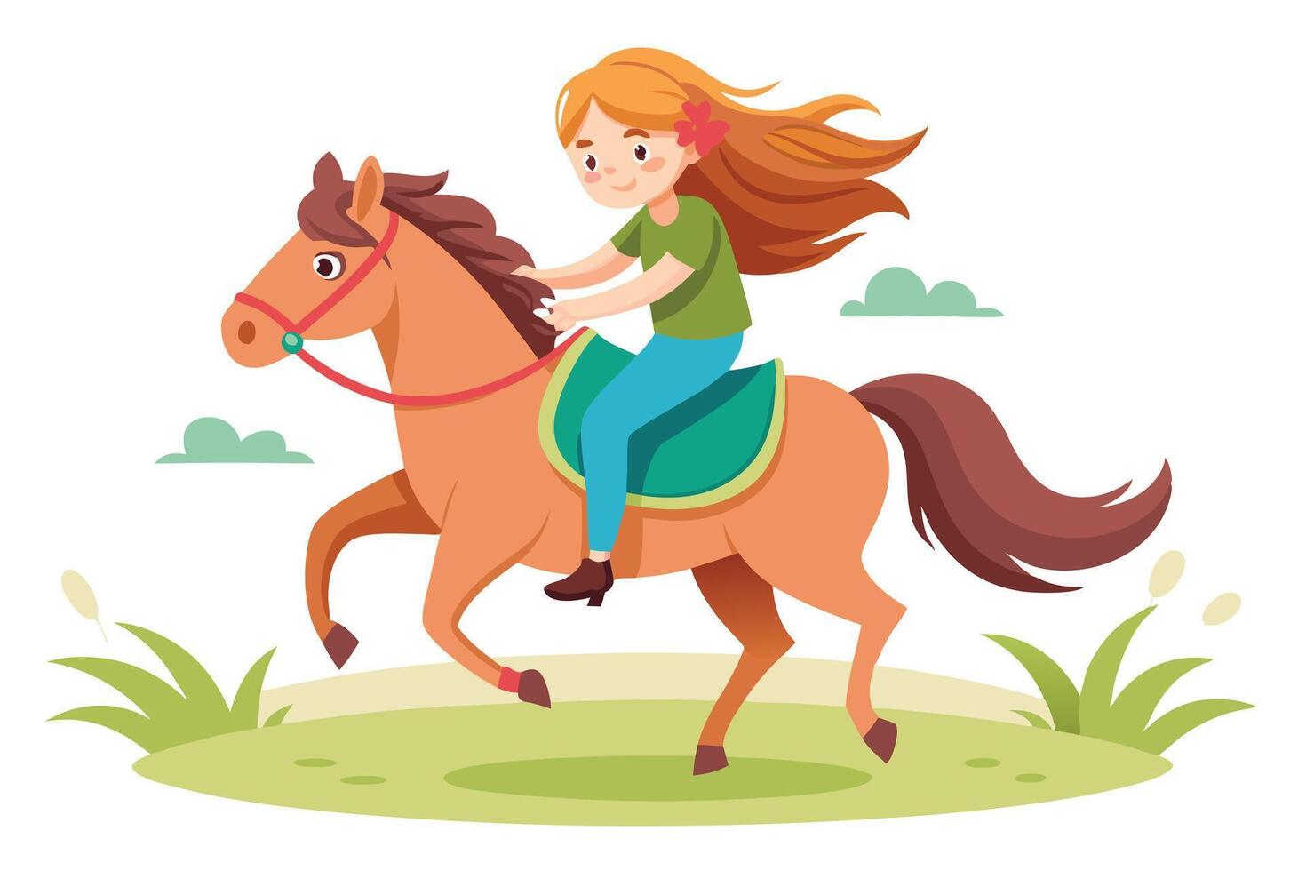 Cartoon Pony Ride Happy Girl on Chestnut Horse in Meadow, White Background vector