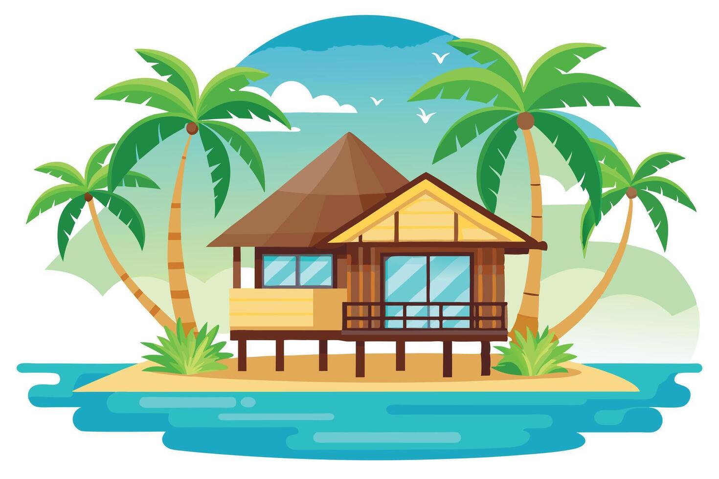 Tropical Island Bungalow with Palm Trees and Sea in Style Cartoon Style vector
