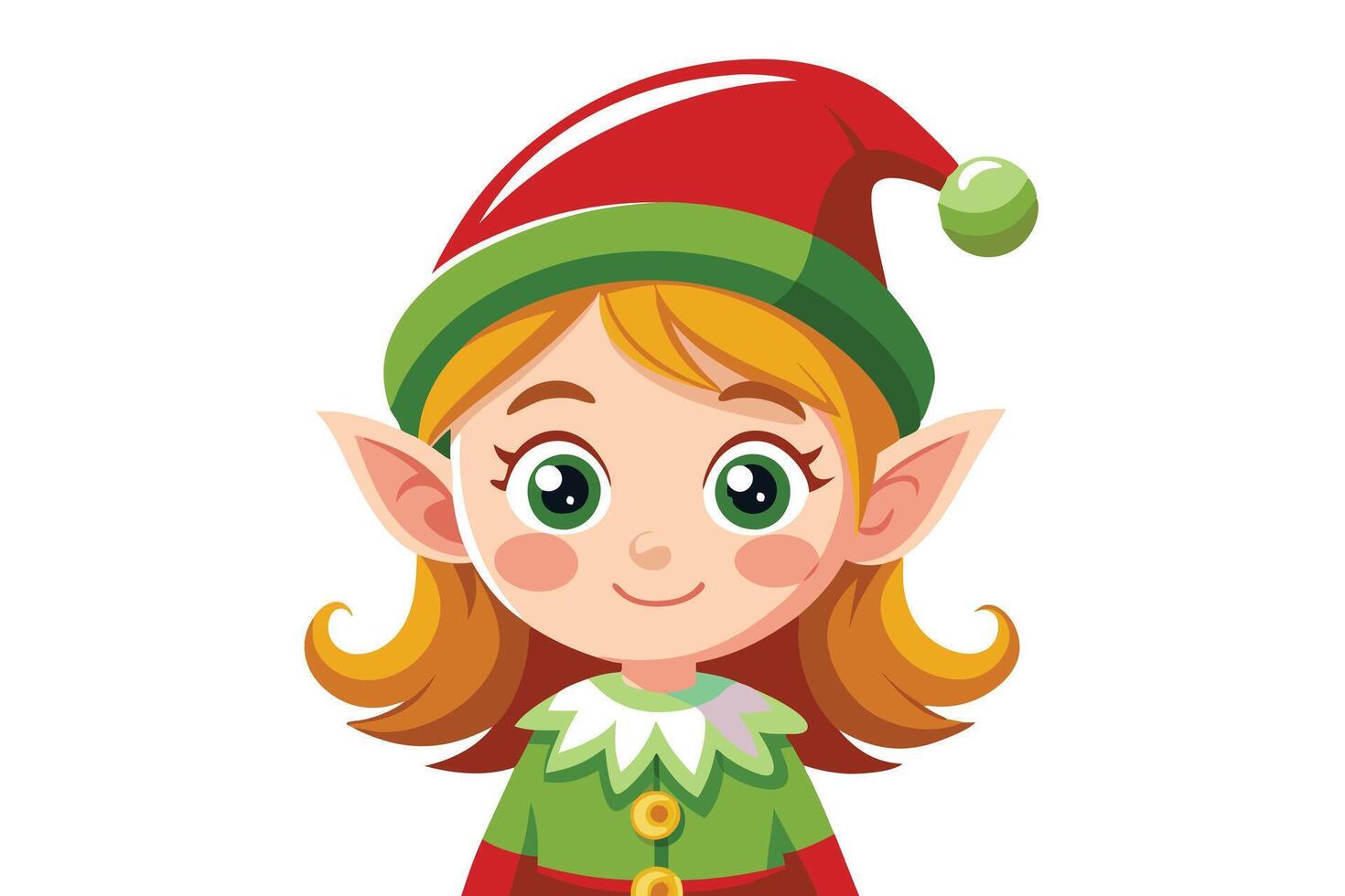 Cartoon Blonde Elf Girl with Pointy Ears in Green and Red Hat on White vector