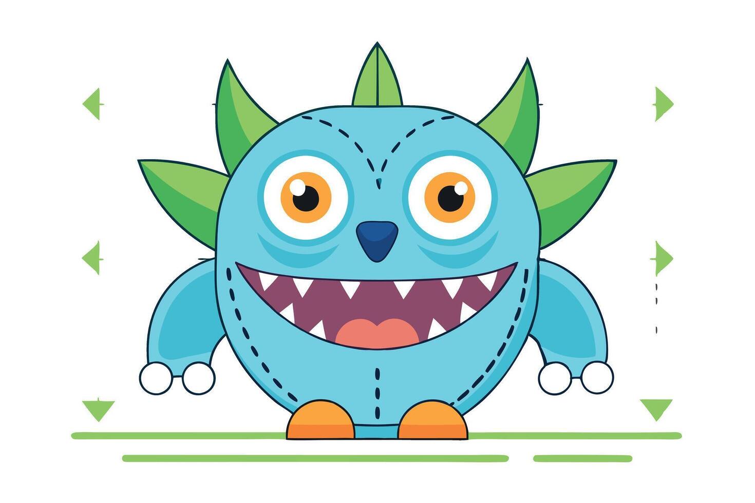 Cartoon Monster with Big Eyes, Green Spikes, Stitched Seams, and Goofy Grin on White Backdrop vector