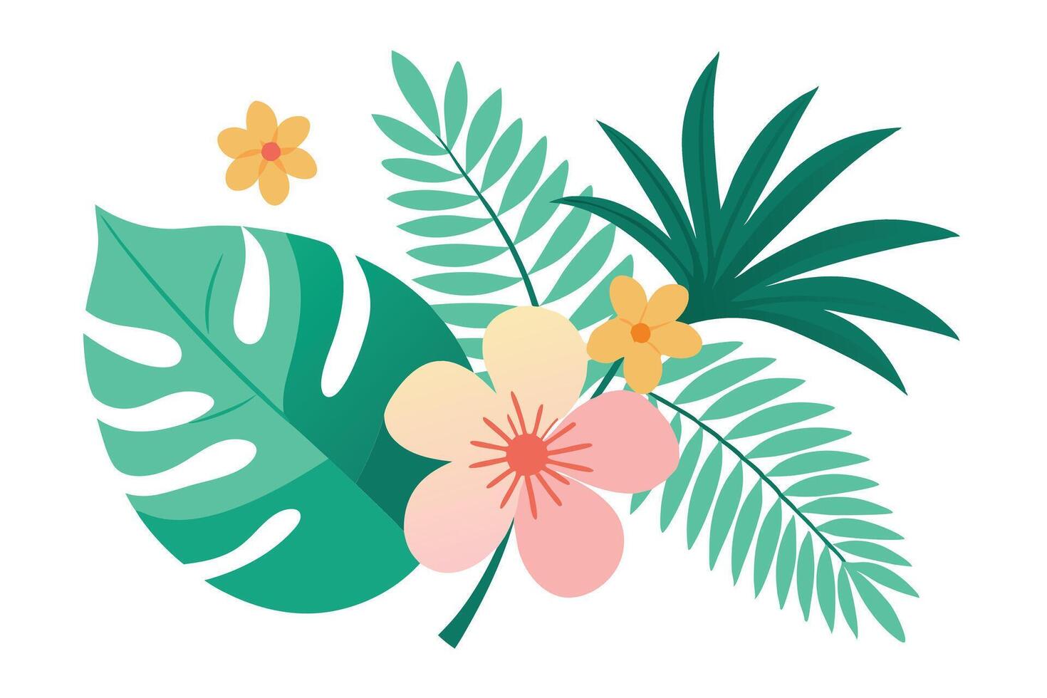 Vibrant Tropical Flora Pink Hibiscus, Yellow Flowers, and Lush Green Leaves Art vector