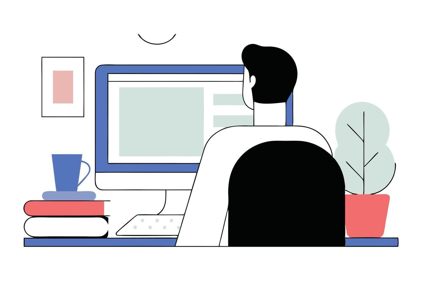 Back View Person Working on Computer with Book Stack and Plant vector