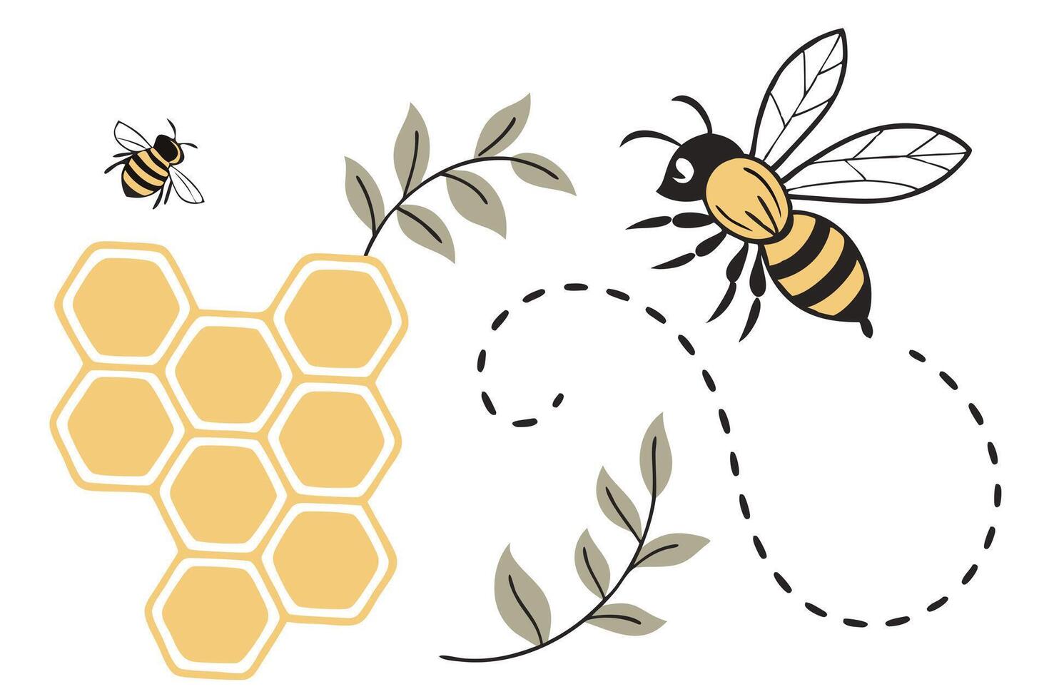 Honeycomb with Honey Bees and Leaves on White Background Isolated Elements vector