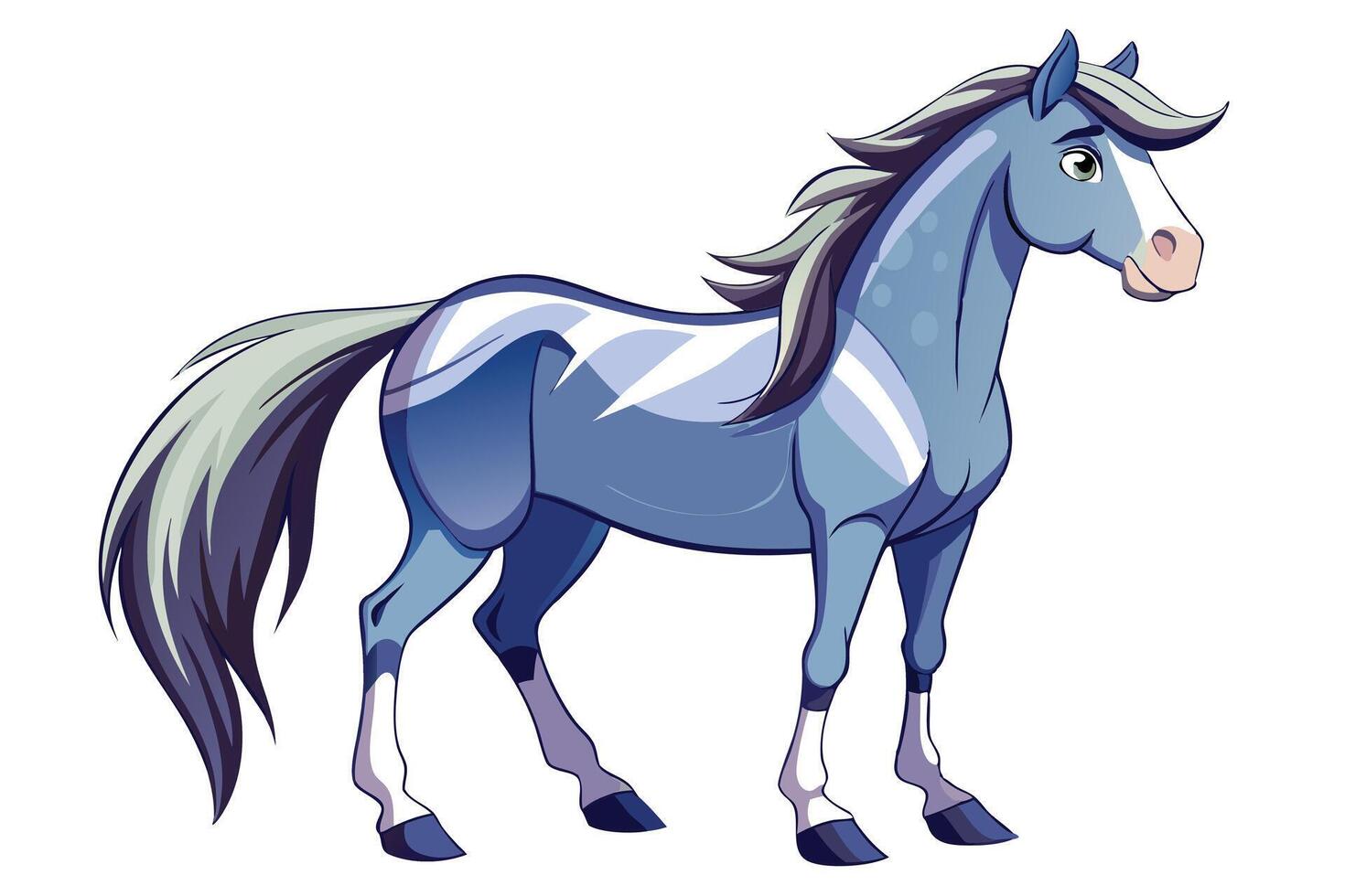 Elegant Blue Horse Cartoon, Shaded Coat, White Accents, Mane, and Tail on White vector
