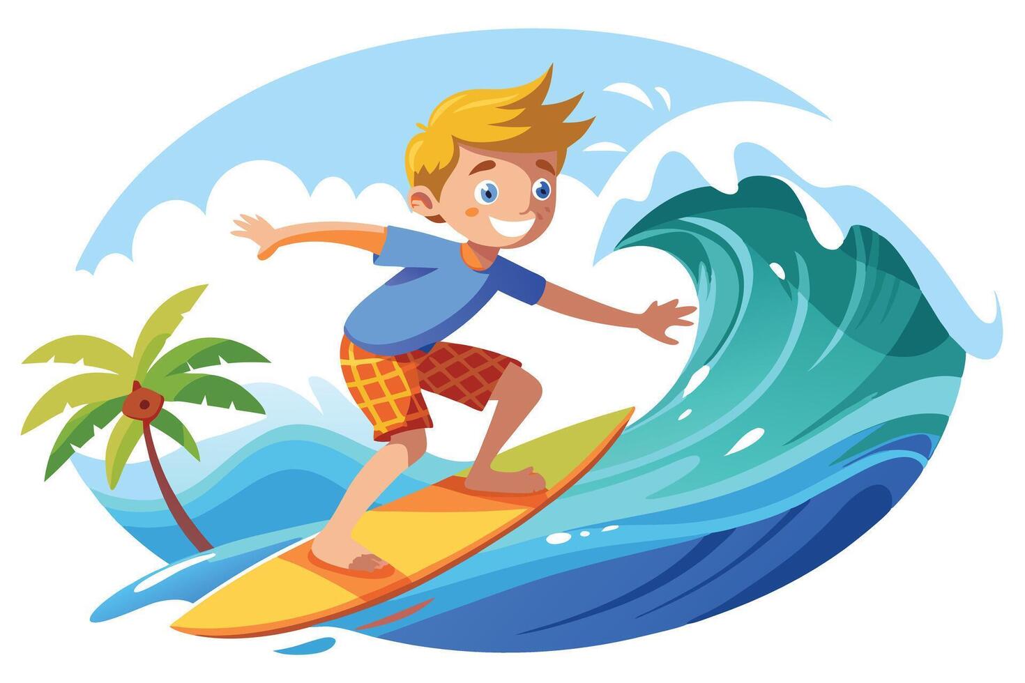Joyful Blond Boy Surfing on Wave with Yellow Board near Palm Tree vector