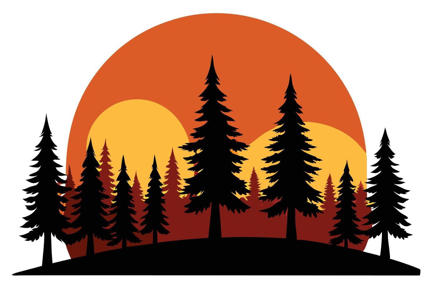 Evergreen Trees Silhouette Against Yellow and Orange Sunset Design vector