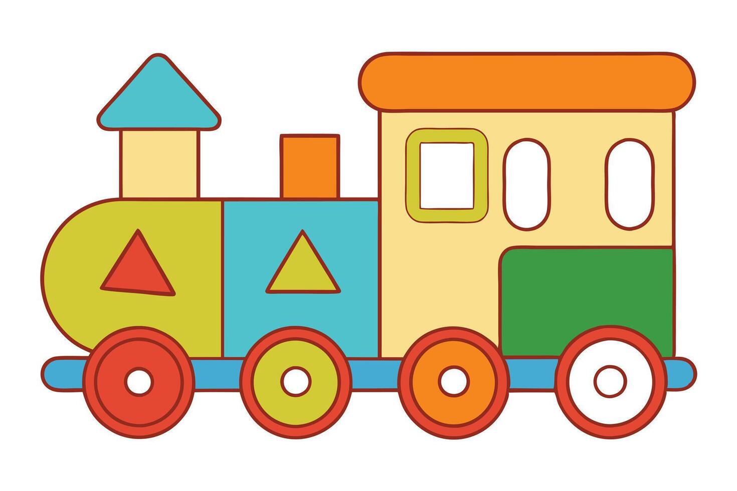 Cheerful Colorful Toy Train with Simple Shapes on White Background vector