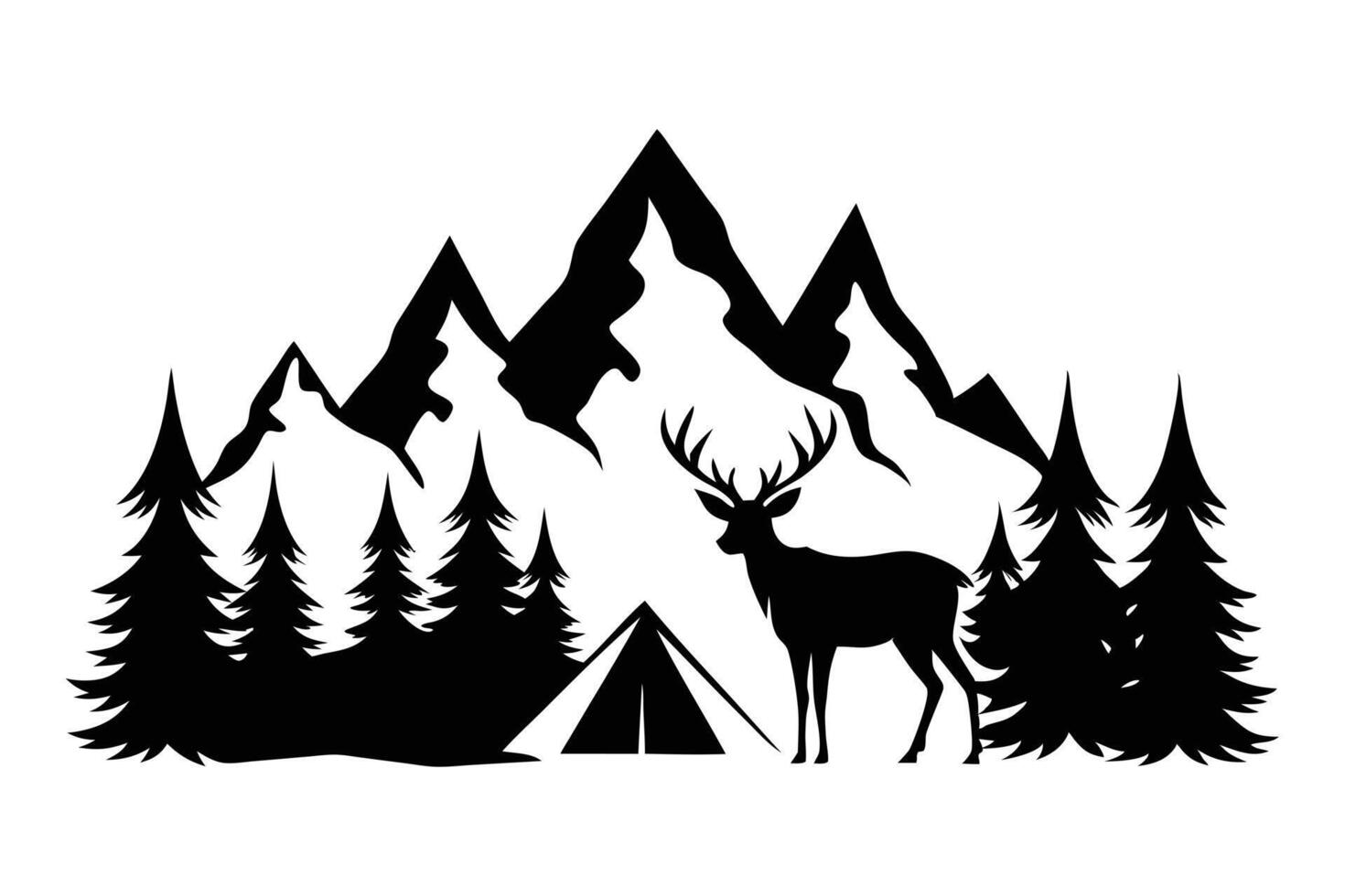 Black Silhouette Mountains, Deer, Tent, and Pine Trees Isolated on White vector