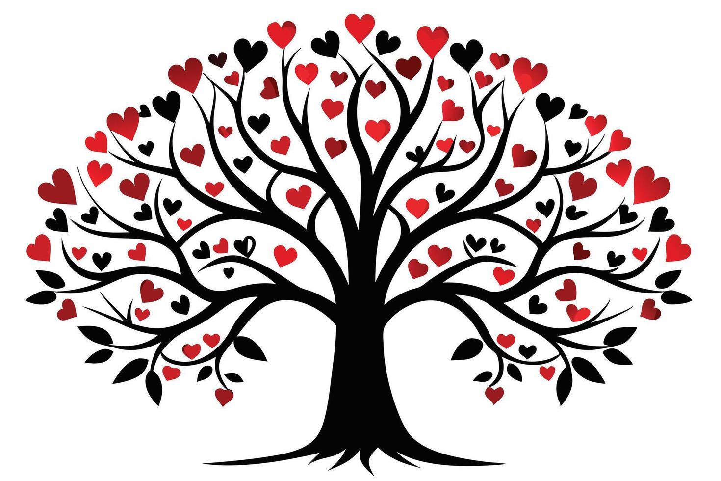 Heart Tree Whimsical Black Branches, Red Heart Leaves on White vector