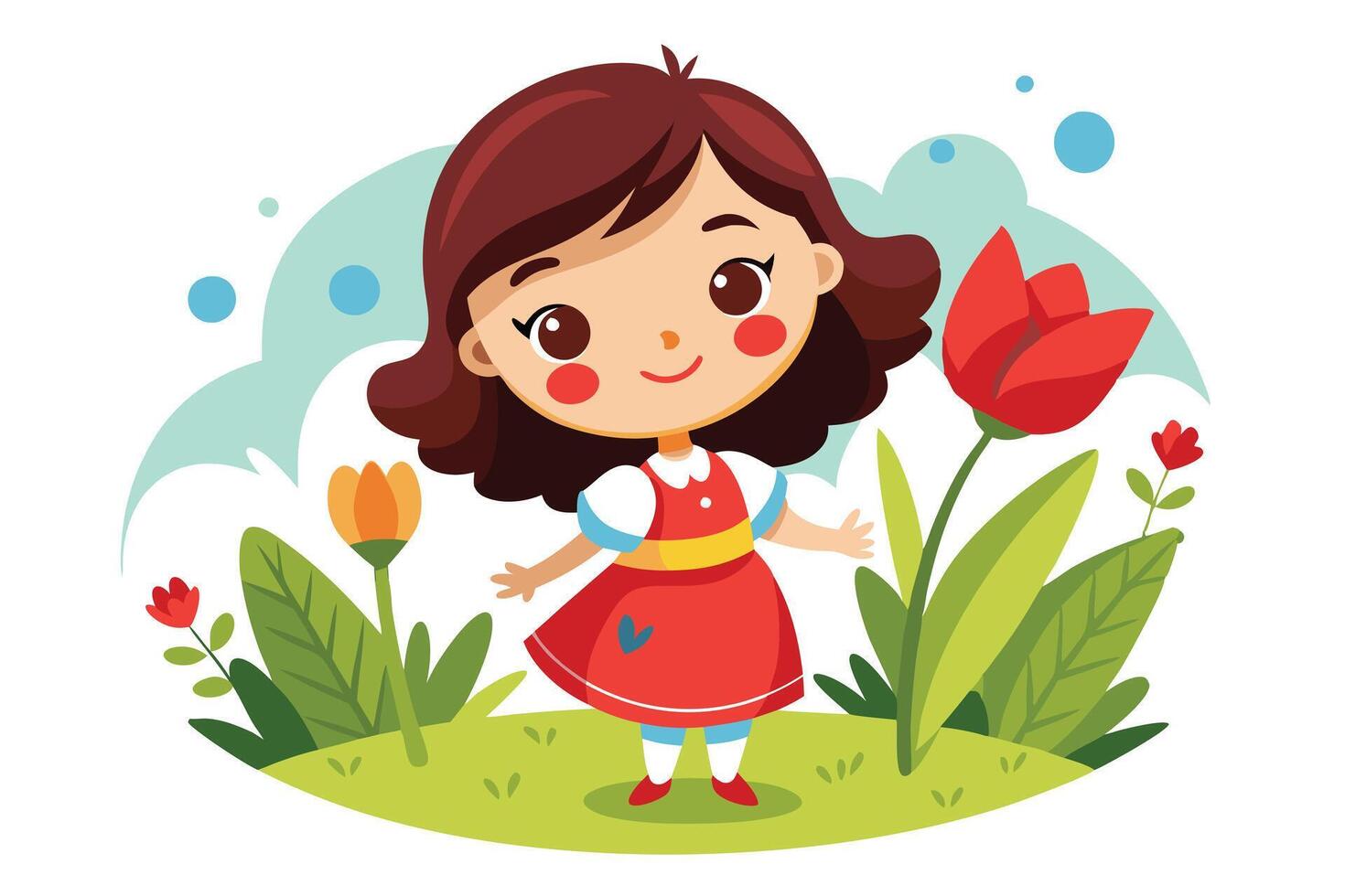 Cheerful Cartoon Girl in Red Dress Among Flowers on Grass White Background vector