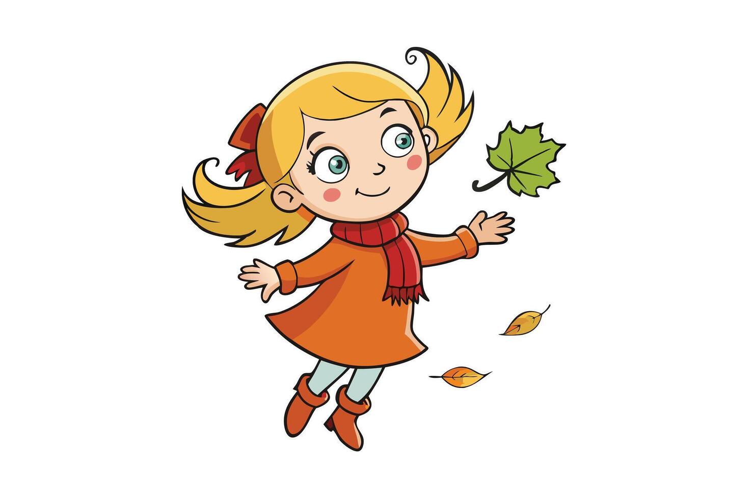 Blonde Girl with Autumn Leaves, Wearing Red Scarf and Orange Coat on White vector