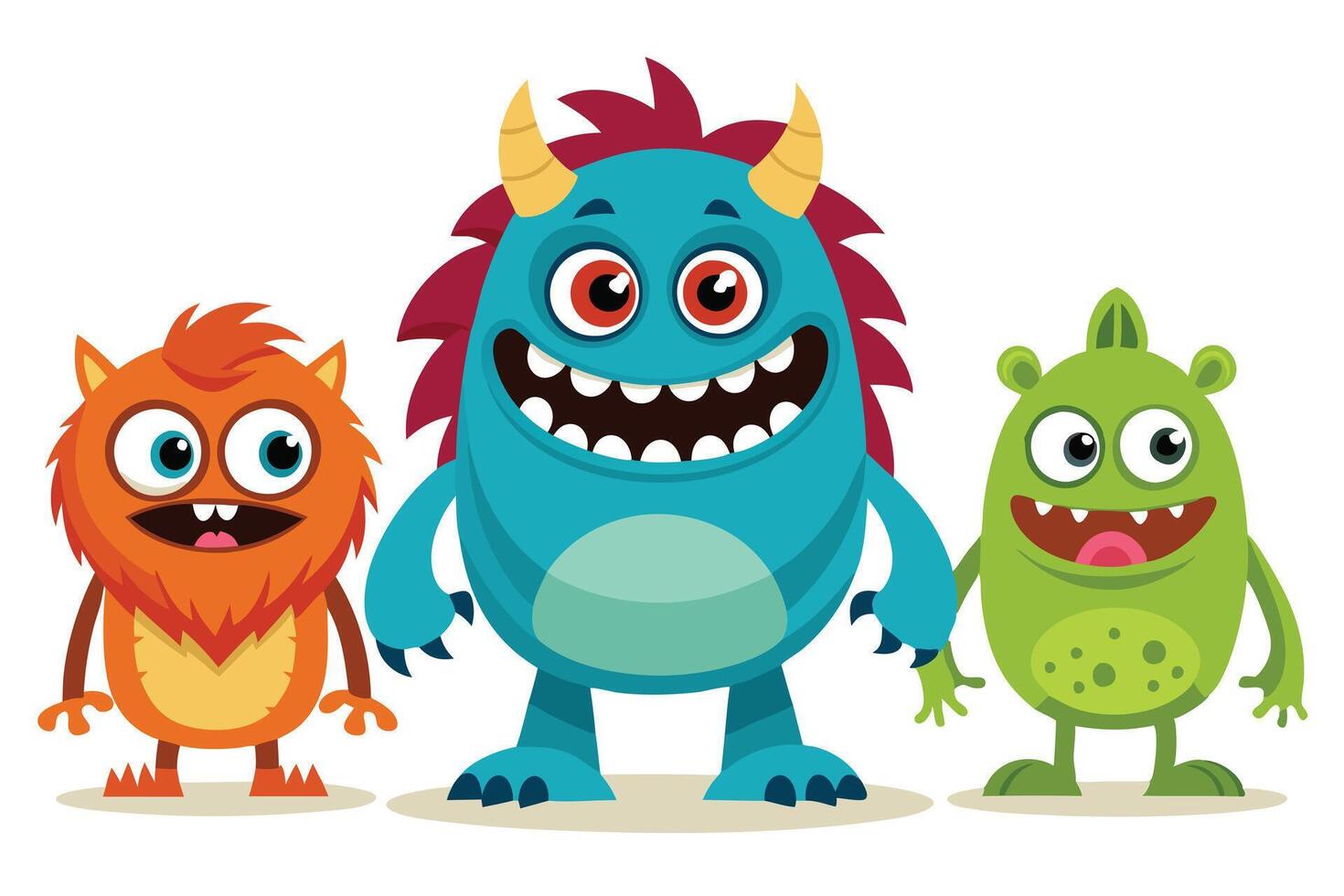 Three Friendly Cartoon Monsters with Big Eyes on a White Background vector