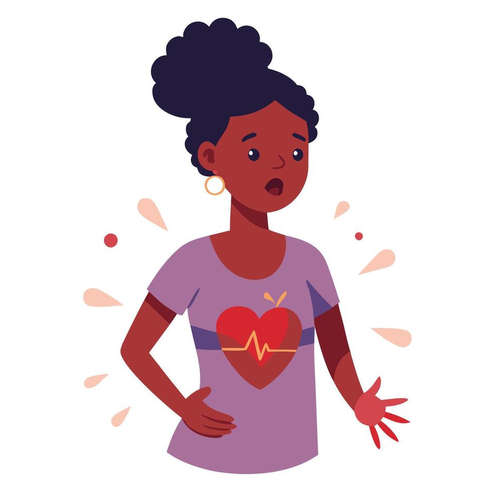 Cartoon African Woman Shocked with Heartbeat on Shirt Isolated on White vector