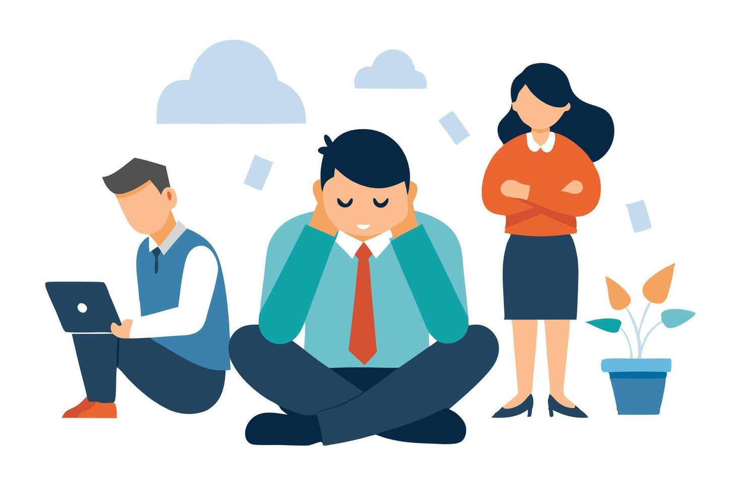 Overwhelmed Man Sitting CrossLegged With Colleagues in Flat vector