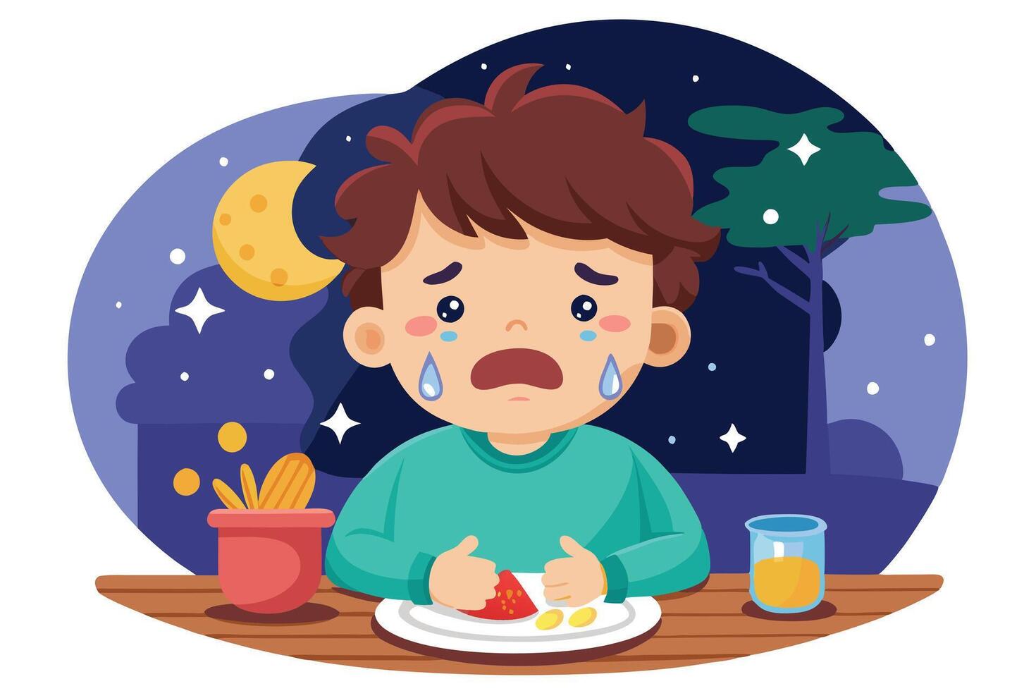 Cartoon Boy Crying at Table with Plate of Food Nighttime Stars Background Style vector