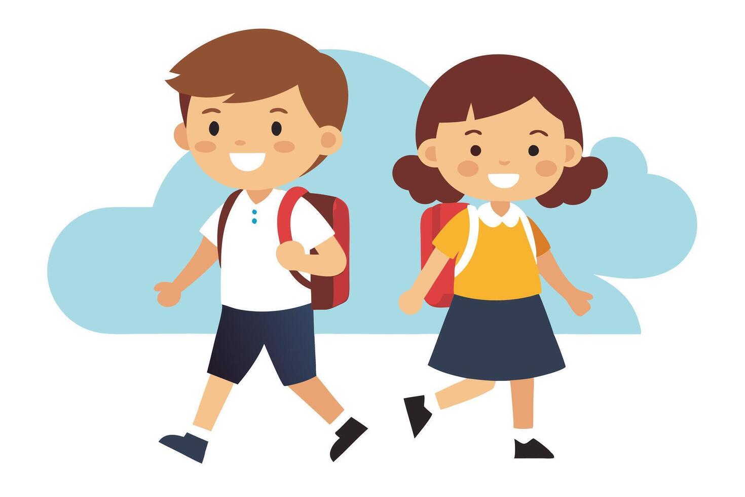 Cheerful Cartoon School Kids With Backpacks Walking with Sky Blue Background vector