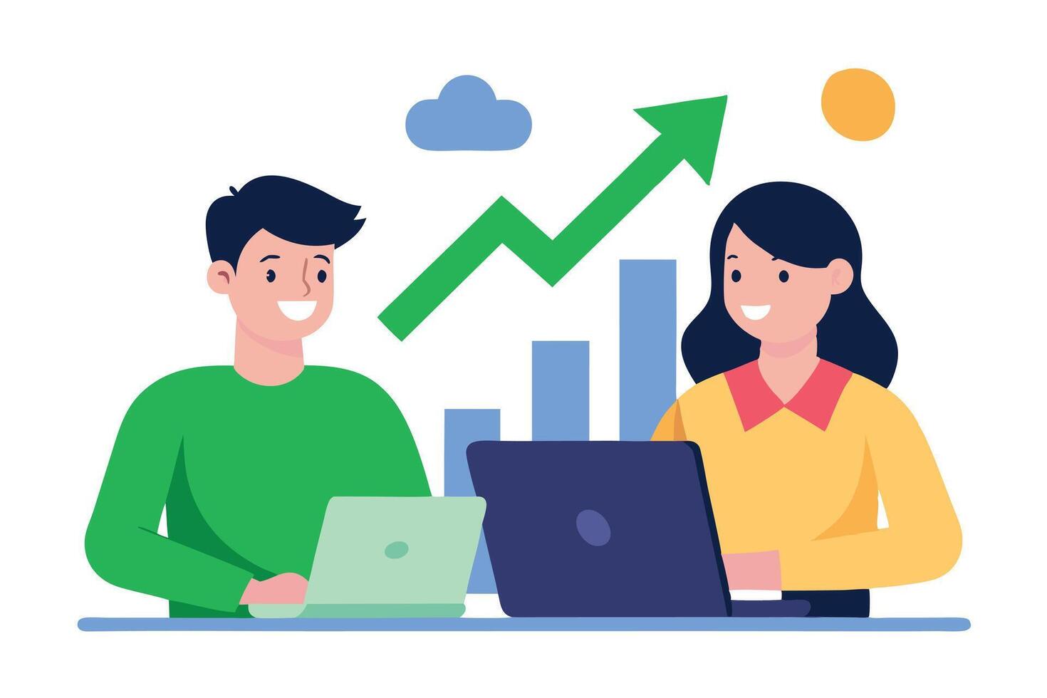 Smiling Coworkers at Computers with Chart Line and Bar Graph on White vector