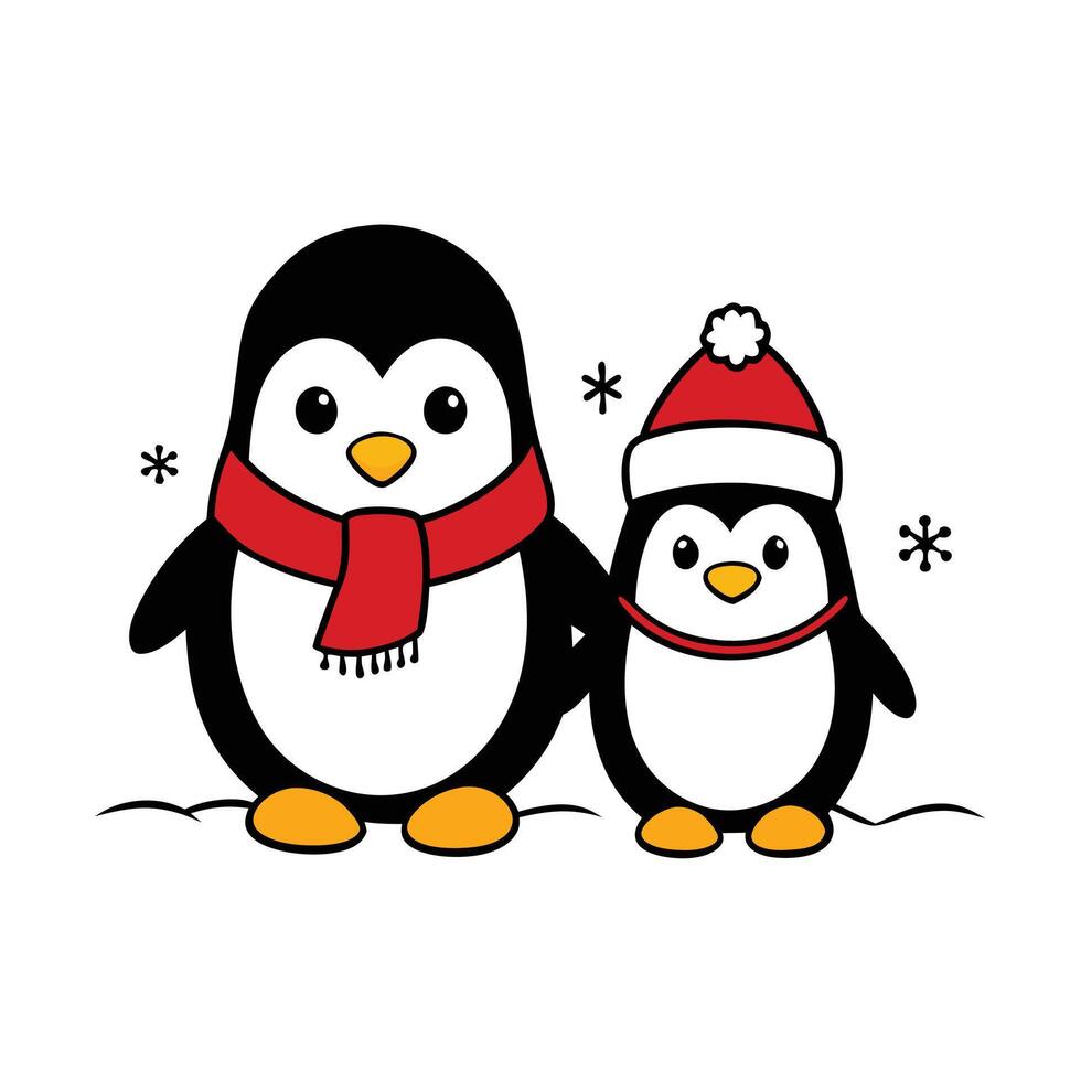 Two Adorable Cartoon Penguins with Scarf, Hat and Snowflakes on White vector