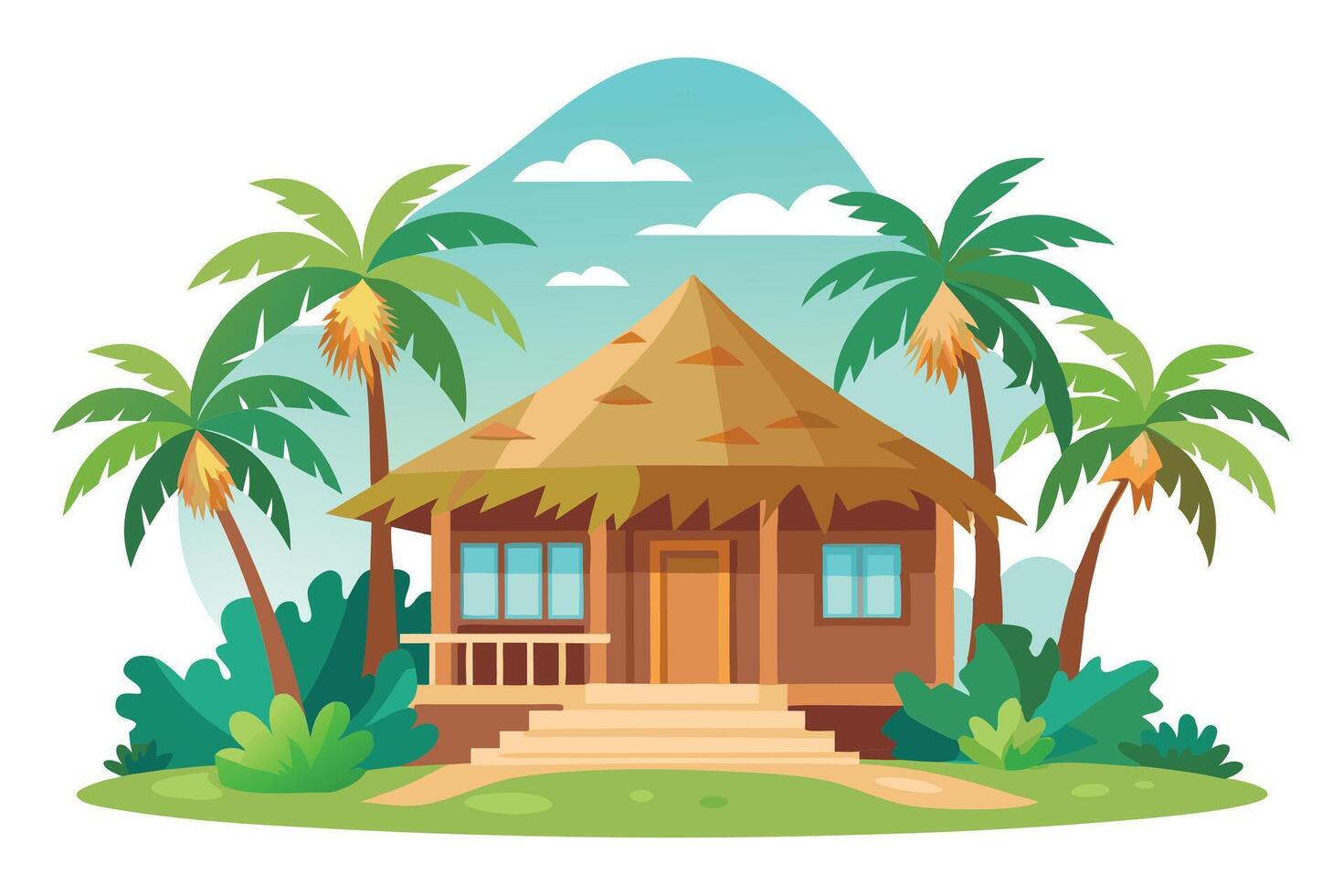 Tropical Hut with Palm Trees Against a White Background vector