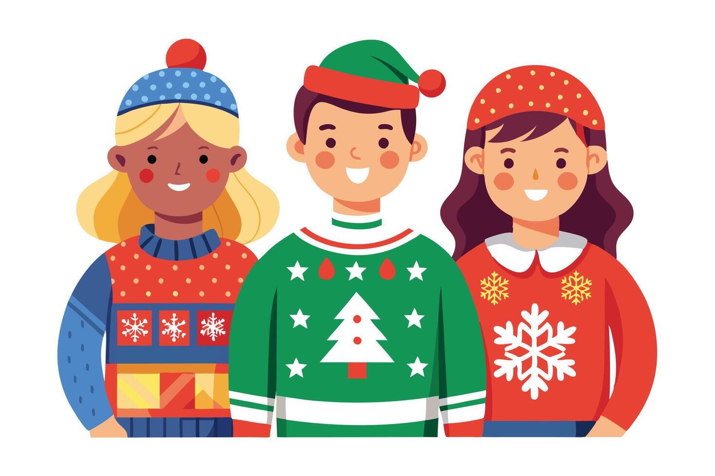 Joyful Kids with Festive Ugly Sweaters and Holiday Hats on a White Background vector
