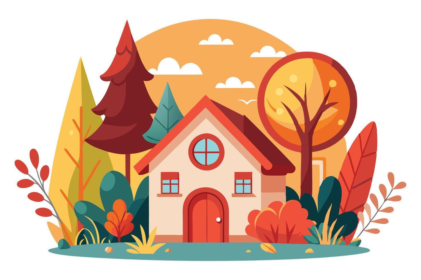 Peaceful Flat House Surrounded by Autumn Trees and Foliage on White vector