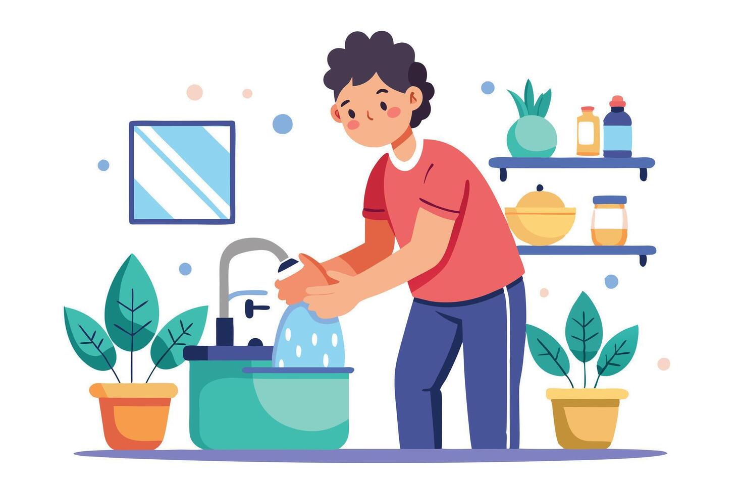 Cartoon Person Washing Hands at Sink with Potted Plants and Shelf on White Background vector