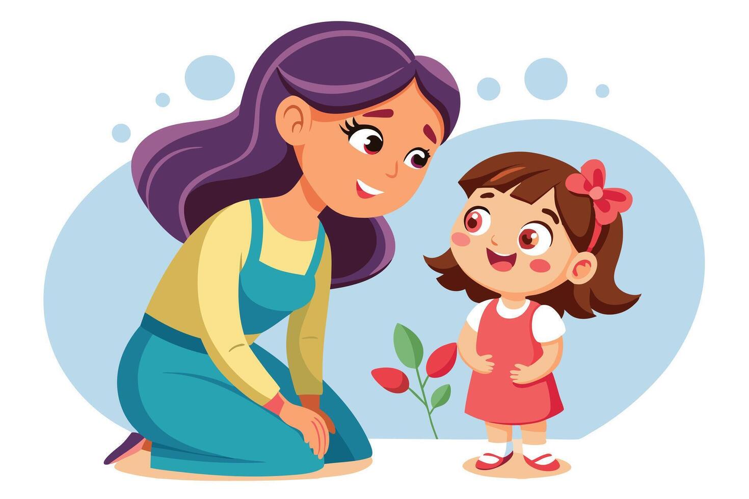 Smiling Woman on Knees Talking to Little Girl with Bow vector