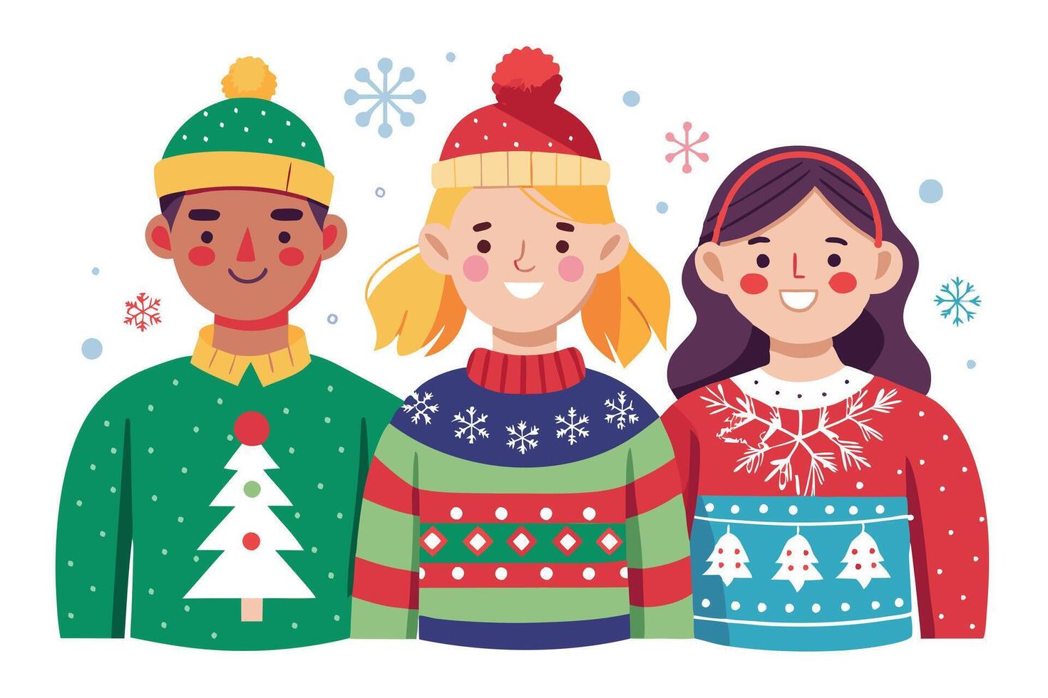Diverse Young People in Festive Sweaters with Snowflakes on White Background vector