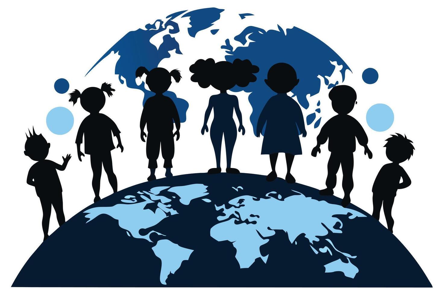 Silhouette of Children Standing on Earth Map with World Globe on White vector