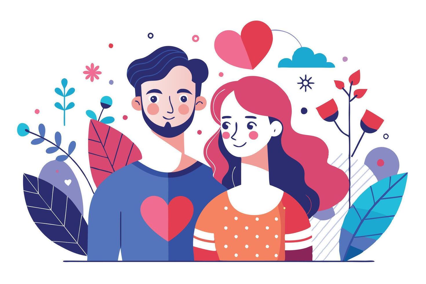 Illustrated Couple Embrace Surrounded by Decorative Floral Elements on White vector