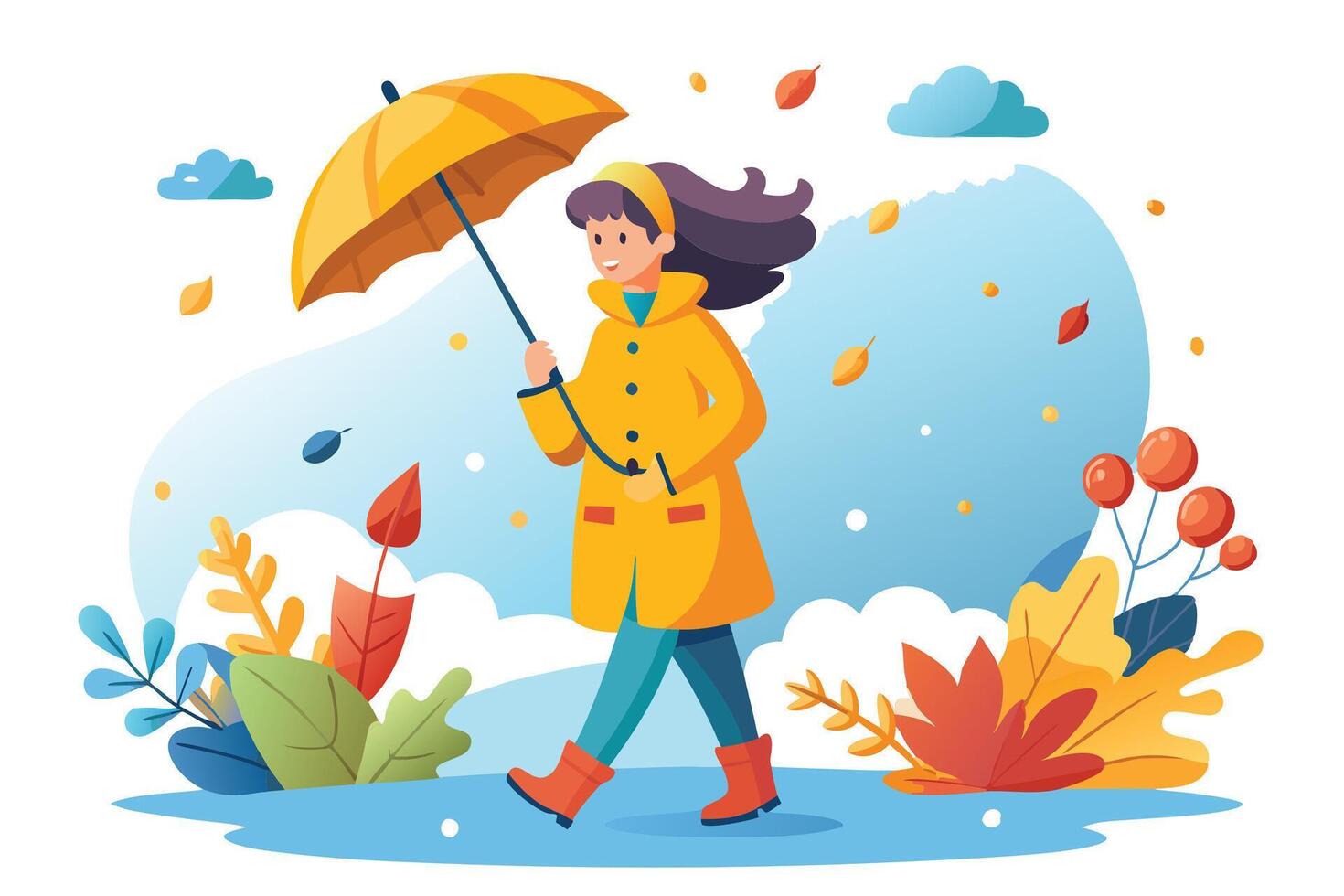 Cartoon Woman with Yellow Umbrella in Autumn Rain Puddle Leaves on White Background vector